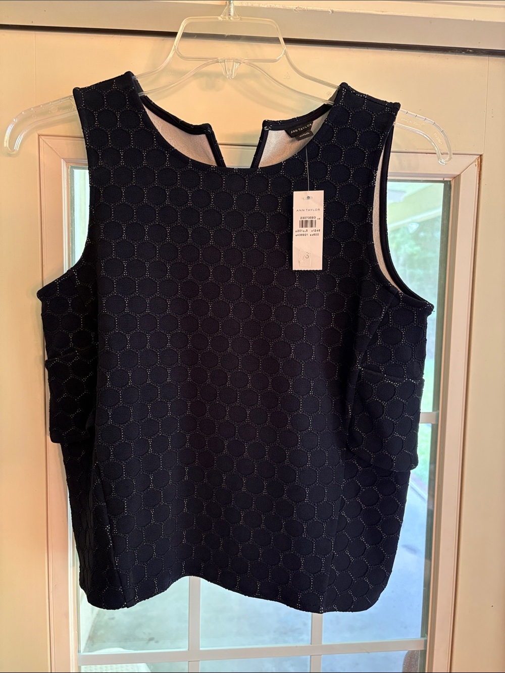 Ann Taylor Navy Sleeveless Blouse with Textured Honeycomb Pattern